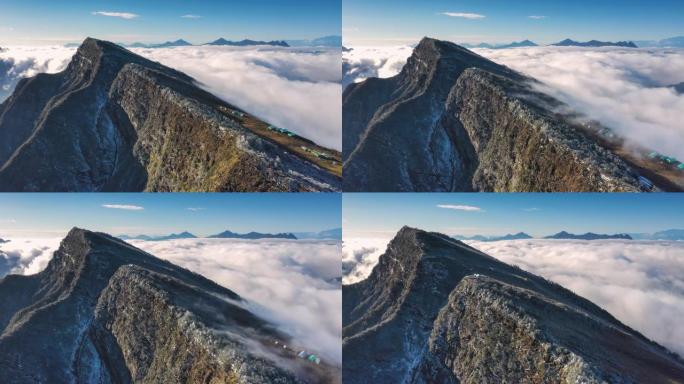 云瀑倾泻在雪山前绿水青山大山云海生态山脉