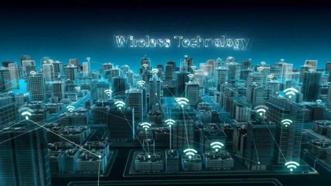 智能城市上的无线智能传感器图标，“无线技术” 物联网。4k。