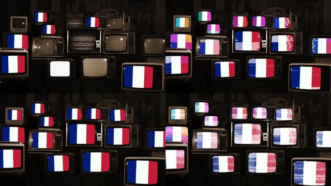 法国在老式电视上悬挂旗帜。