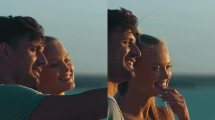 微笑的夫妇站在海景背景上。慢动作