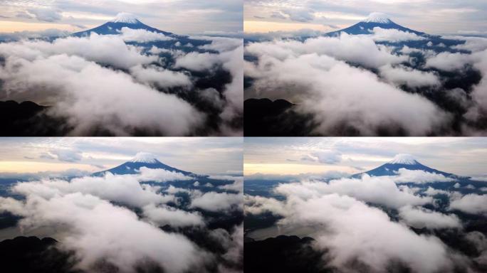 富士山的空中拍摄。早晨的云层和移动的薄雾，藤山