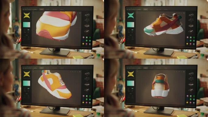 十几岁女性的肩膀视图通过在3d可视化程序中复制运动鞋来设计运动鞋。她改变了颜色，从不同的侧面看模特。