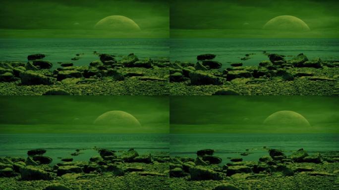 有海和岩石的外星绿色星球