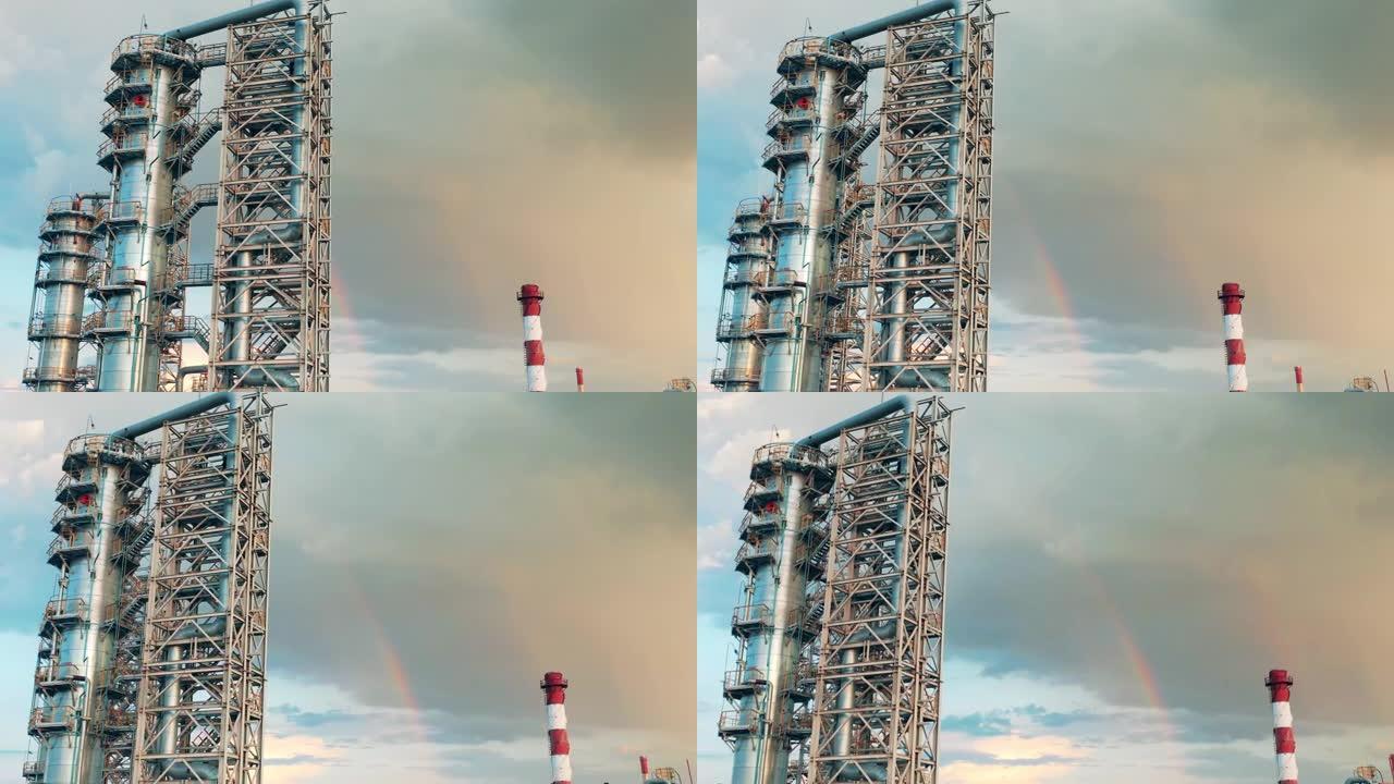 天空中有彩虹的炼油厂的管道