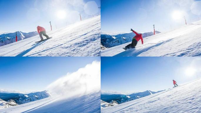 滑雪者骑着滑雪道在转弯的同时喷洒雪，背景中的山脉