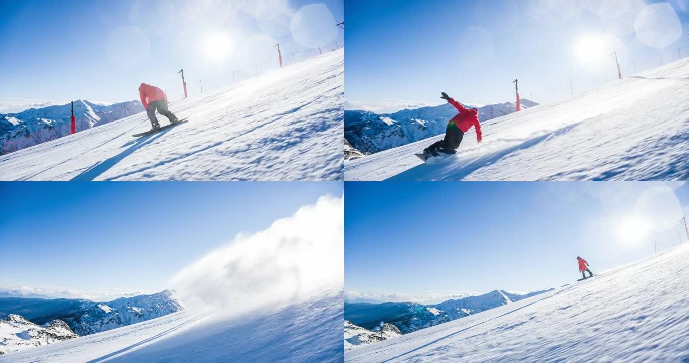滑雪者骑着滑雪道在转弯的同时喷洒雪，背景中的山脉