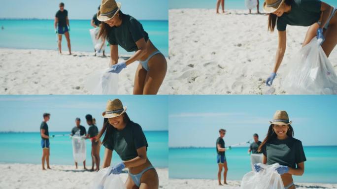 一组年轻志愿者的慢动作在阳光明媚的日子里在大海的海滩上捡拾塑料垃圾，以保护环境。