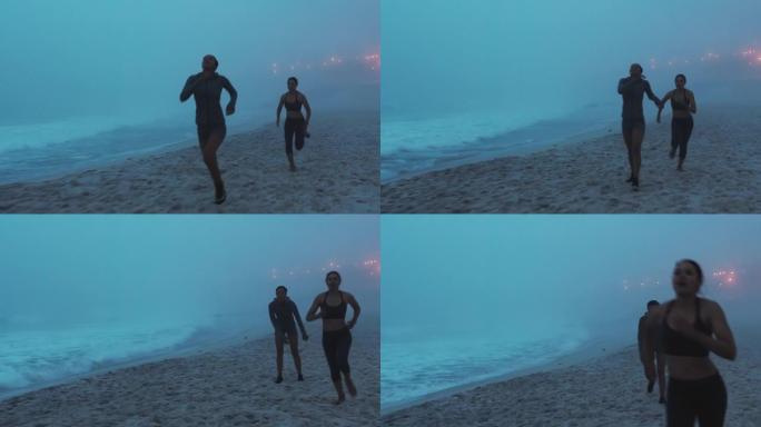 海滩跑步，比赛和疲惫的健身女子在水上马拉松挑战与海雾。跑步者锻炼，表现和有氧运动可促进户外比赛中运动