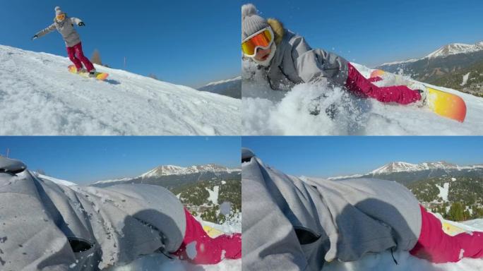 特写: 年轻女子在雪地上摔倒时正在学习骑滑雪板