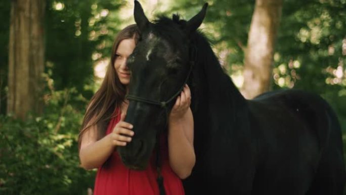 穿着红色连衣裙的SLO MO女人在阳光明媚的森林中抚摸她的马
