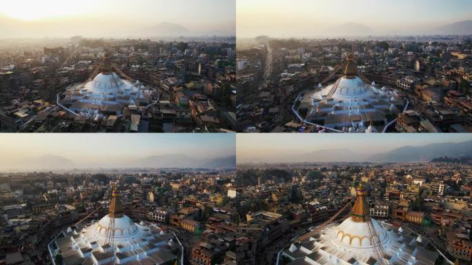 加德满都博德纳特佛塔和曼陀罗的无人机视角。尼泊尔著名的地方。曼陀罗大厦