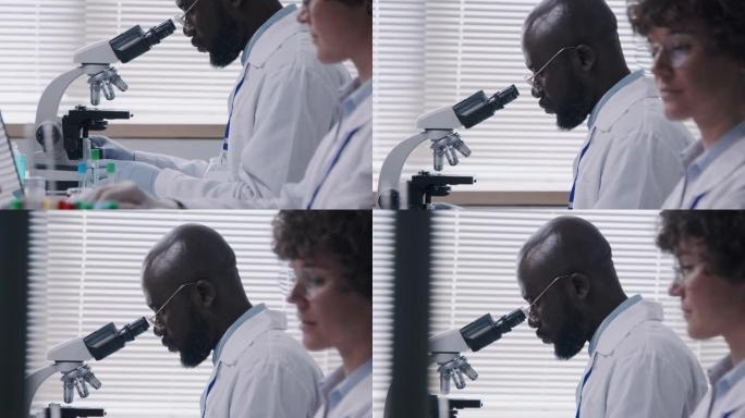 科学家与他的同事一起使用显微镜