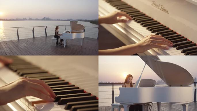 海边钢琴弹钢琴美女弹琴优美景色青年音乐家