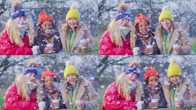 十几岁的女孩在下雪的冬天一起在乡下散步享受热巧克力的肖像 -- 慢动作拍摄