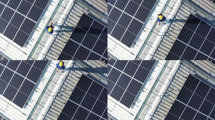 无人机查看亚洲工程师服务和检查太阳能电池