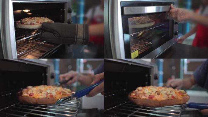 女人从烤箱里拿出披萨，多个视频