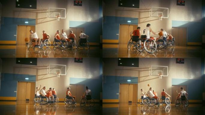 轮椅篮球比赛场地: 球员比赛，运球，成功射门，得分得分。残疾人的决心、技能。精力充沛的快节奏宽镜头