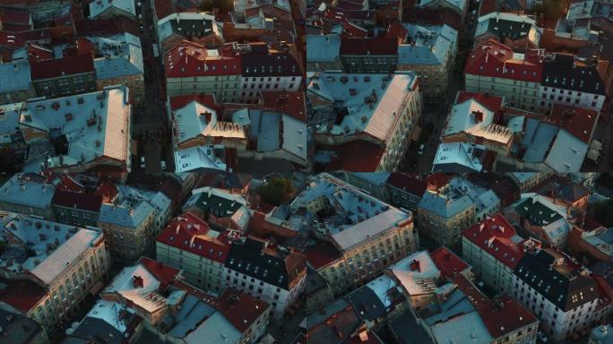 乌克兰利沃夫老城田园历史建筑屋顶和街道的欧洲城市景观令人惊叹的空中全景