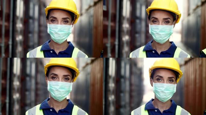 肖像工人戴着保护面具脸和安全帽