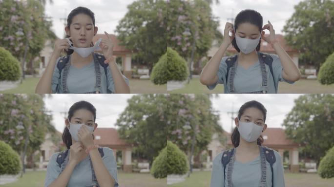 在屋外的白天，美丽的亚洲少年女孩的肖像清晰地在面具后面微笑。可爱的女孩戴着外科口罩，防止病毒或空气污