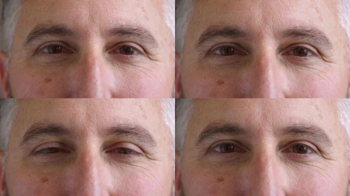 眼睛的特写镜头和戴眼接触的成熟男人作为验光视力或配镜处方解决方案。男人向前看，注视和凝视的头部，面部