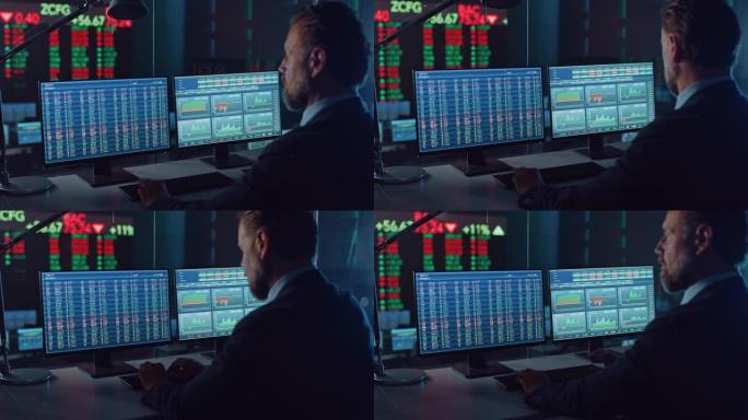 专业的财务数据分析师在现代监控办公室工作，并在大屏幕上提供实时分析提要。有财务专家的监控室坐在电脑前