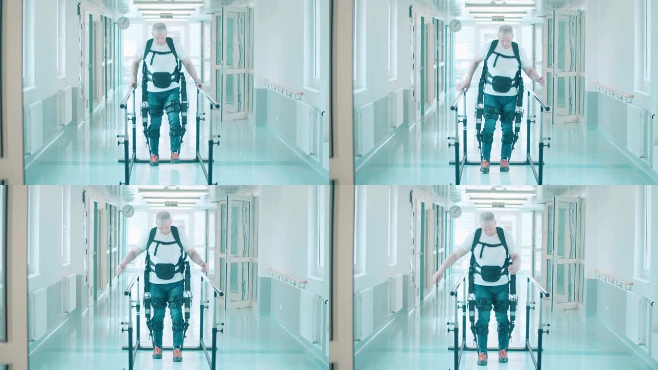 一名男子正在使用exosuit练习在医院散步