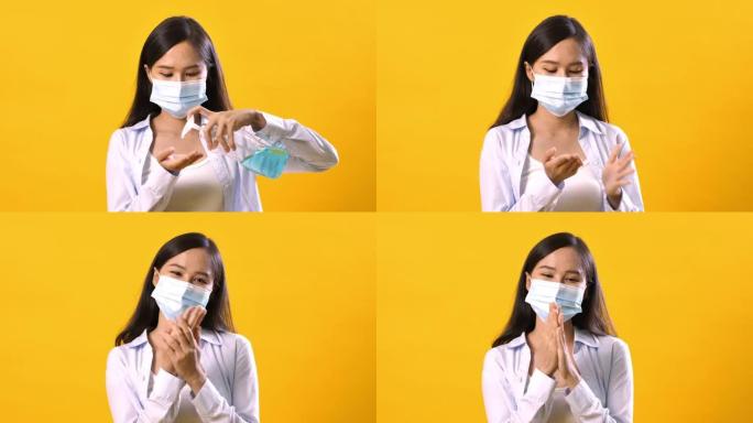 亚洲妇女在面膜洗手用洗手液凝胶清洗避免病毒