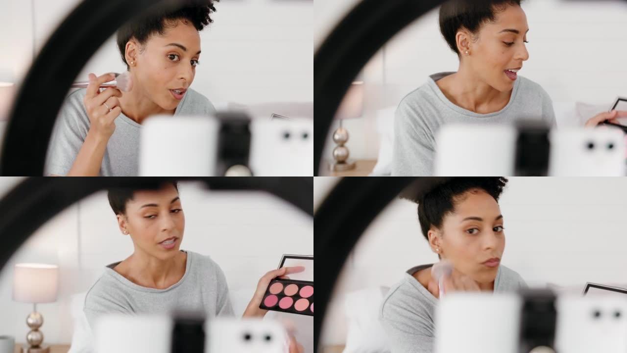黑人女性，有影响力的人和电话视频化妆教程，带有社交媒体应用程序的环形灯。直播，智能手机和化妆品广告女