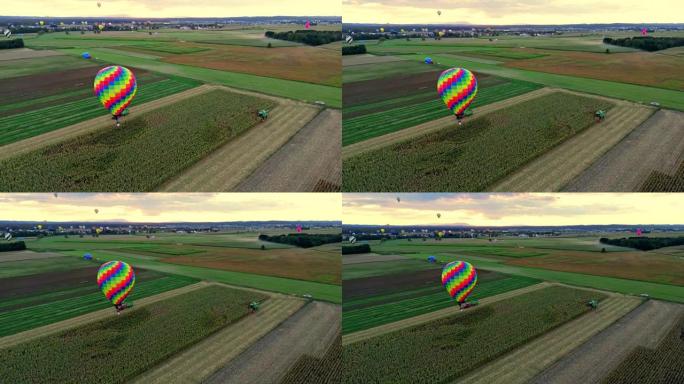 五彩热气球飞越农村农田