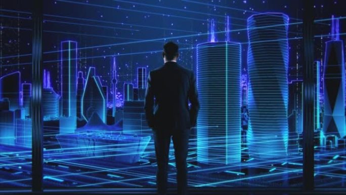 VFX未来主义商业概念。商人站在充满活力的未来派城市前，拥有渲染的摩天大楼和办公楼。信息和大数据时代