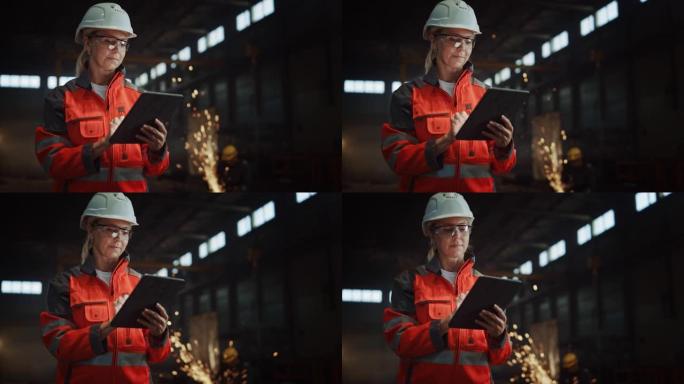 专业重工业工程师/穿着安全制服和安全帽的工人使用平板电脑。严重成功的女性工业专家站在金属制造仓库。