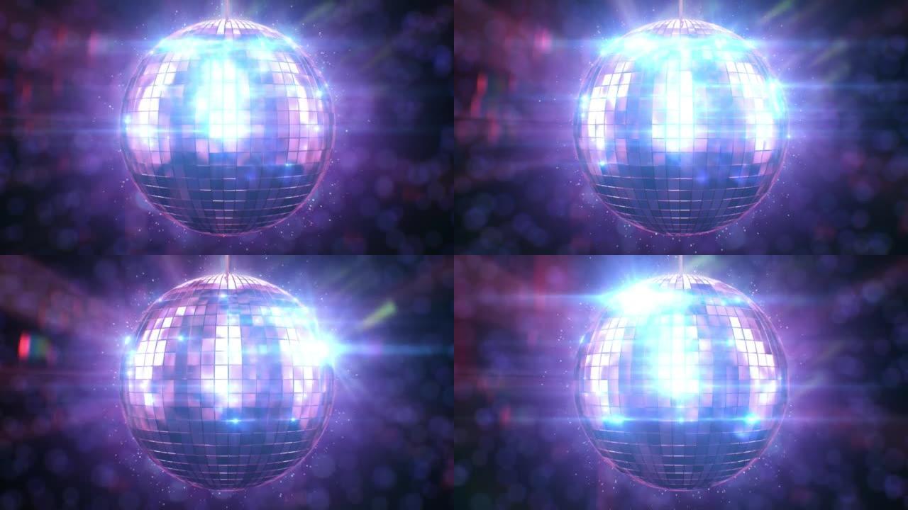 迪斯科球旋转无缝，耀斑紫色蓝色。迪斯科舞会的循环3d动画在抽象迪斯科舞厅转弯。可循环的孤立复古镜球运