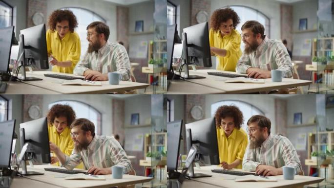 两位富有创造力的同事在现代明亮的办公室中合作并指向计算机屏幕的肖像。混血儿年轻女子与白人男性助理讨论