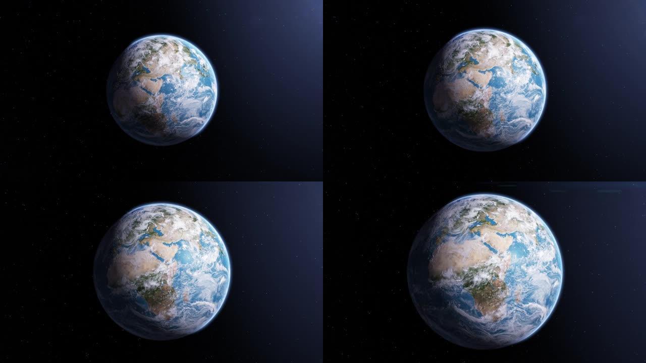 行星地球在恒星背景上旋转。流云动画延时。从太空看地球。逼真的3d动画正确的行星运动。太空探索概念