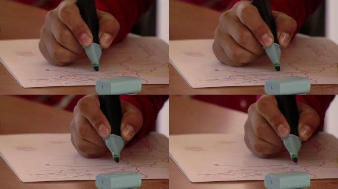 阿根廷小学生用荧光笔在内乌肯省的地图上工作。特写。
