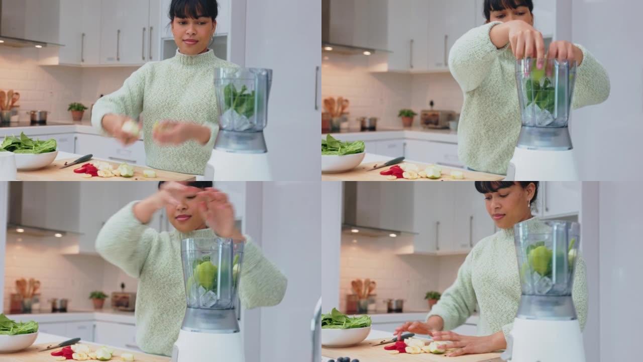 健康冰沙，素食主义者饮食和健康食品的女人在厨房用有机成分和水果制成排毒饮料。快乐营养师女性用奶昔减肥