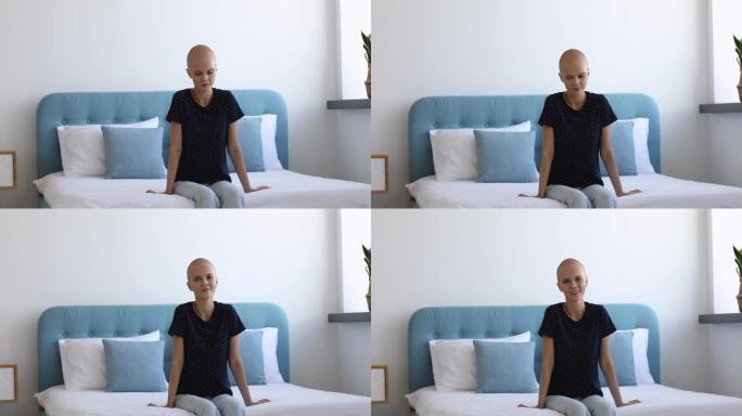 秃头年轻女子感受内在力量对抗癌症。