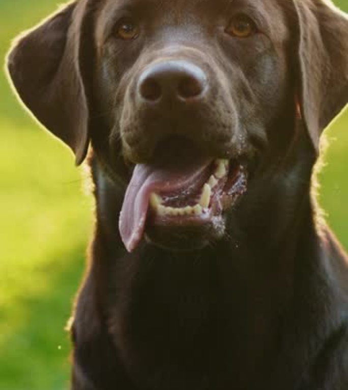 英俊的诺贝尔血统棕色拉布拉多猎犬狗看着相机，在绿色的草坪上玩得开心。在户外阳光明媚的日子里，一只快乐