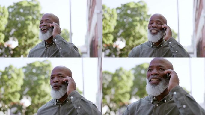 电话，通讯和一名商务黑人在城市户外行走，同时使用5g移动技术联网。与一名高级男性员工交谈的联系、管理