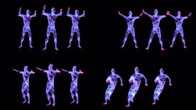 富有表现力的舞蹈团体艺术家在黑暗工作室表演现代嘻哈舞蹈。时尚的多色霓虹灯发光体。能量编排移动。90年
