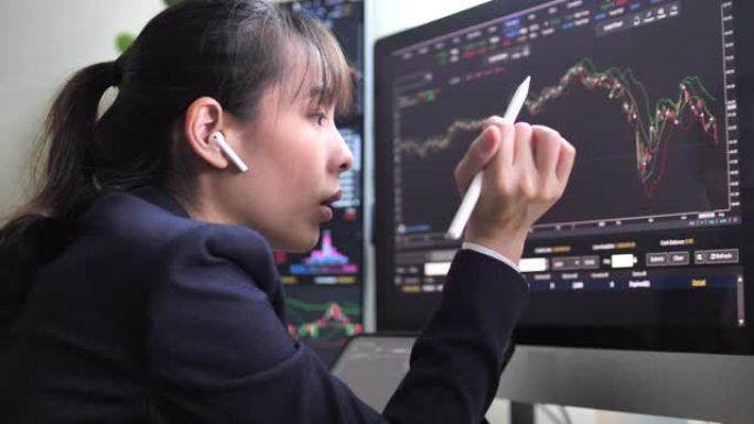 股票市场交易员在显示股票图表的计算机上进行分析
