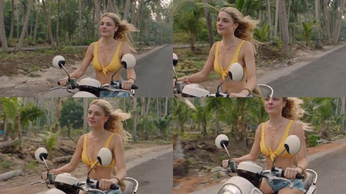 热带岛屿公路旅行骑摩托车的旅行女人享受摩托车骑快乐的独立女人探索度假自由