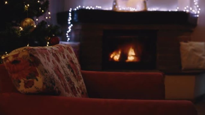 客厅的SLO MO DS圣诞装饰，背景为壁炉