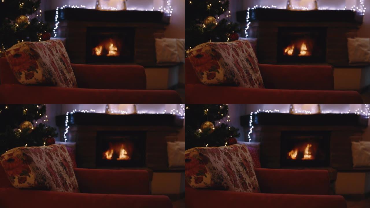 客厅的SLO MO DS圣诞装饰，背景为壁炉