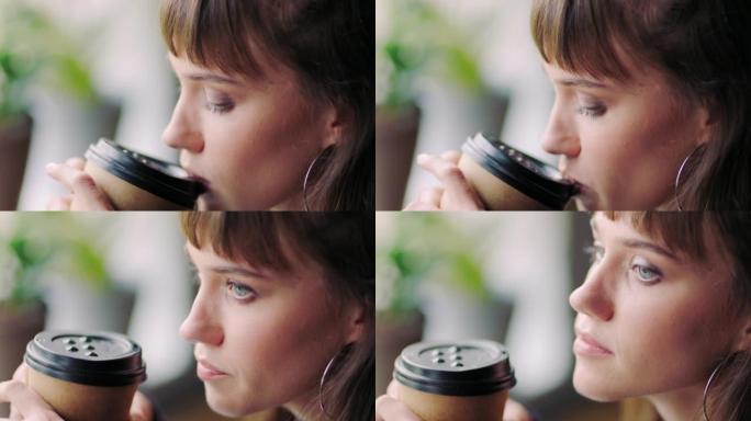 思考的女人，咖啡杯在加拿大的咖啡馆里喝酒和放松，以获得和平，心态和希望。聚焦面部，灵感和白日梦年轻女