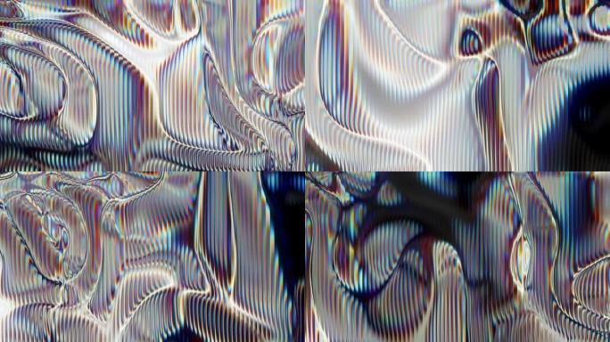 条纹前景下带有弯曲移动图案的发光液态金属色抽象背景