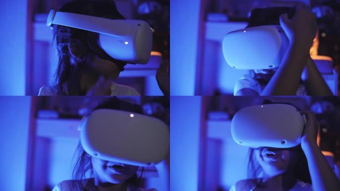 小女孩晚上使用VR玻璃