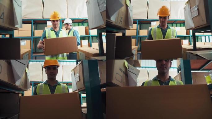 工人在仓库库存中移动货物库存