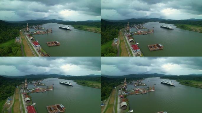 空中: 巴拿马运河热带海岸船坞的全景。